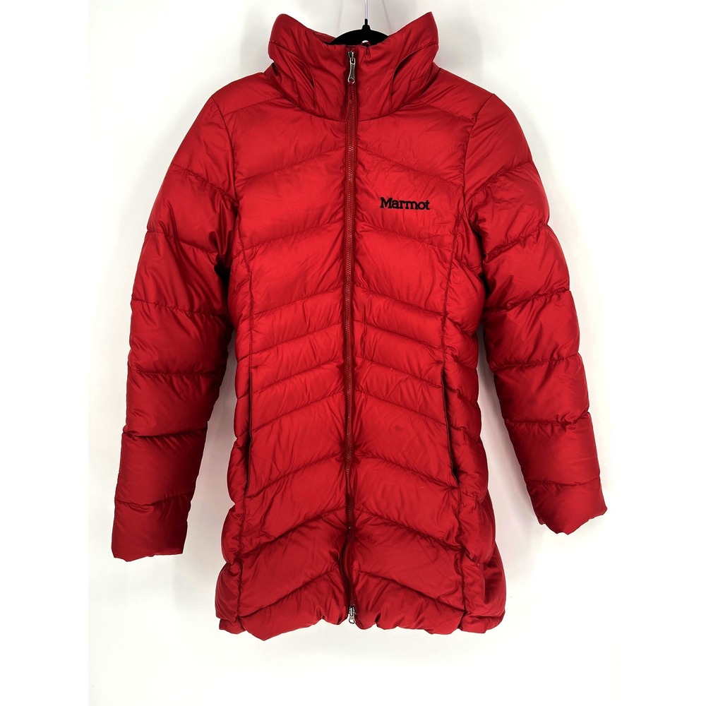 Marmot Puffer Jacket XS Red 700 Fill Down Quilted Hooded Winter Coat Longline